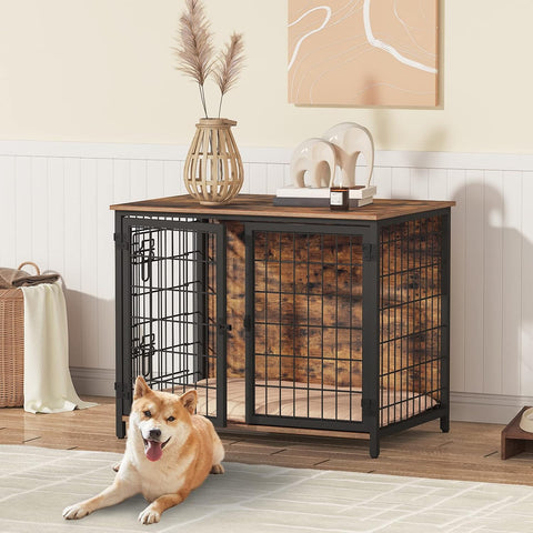 Dog Crate Furniture with Cushion, Wooden Dog Kennel with Double Doors, Heavy Duty Dog Cage for Small/Medium/Large Dogs