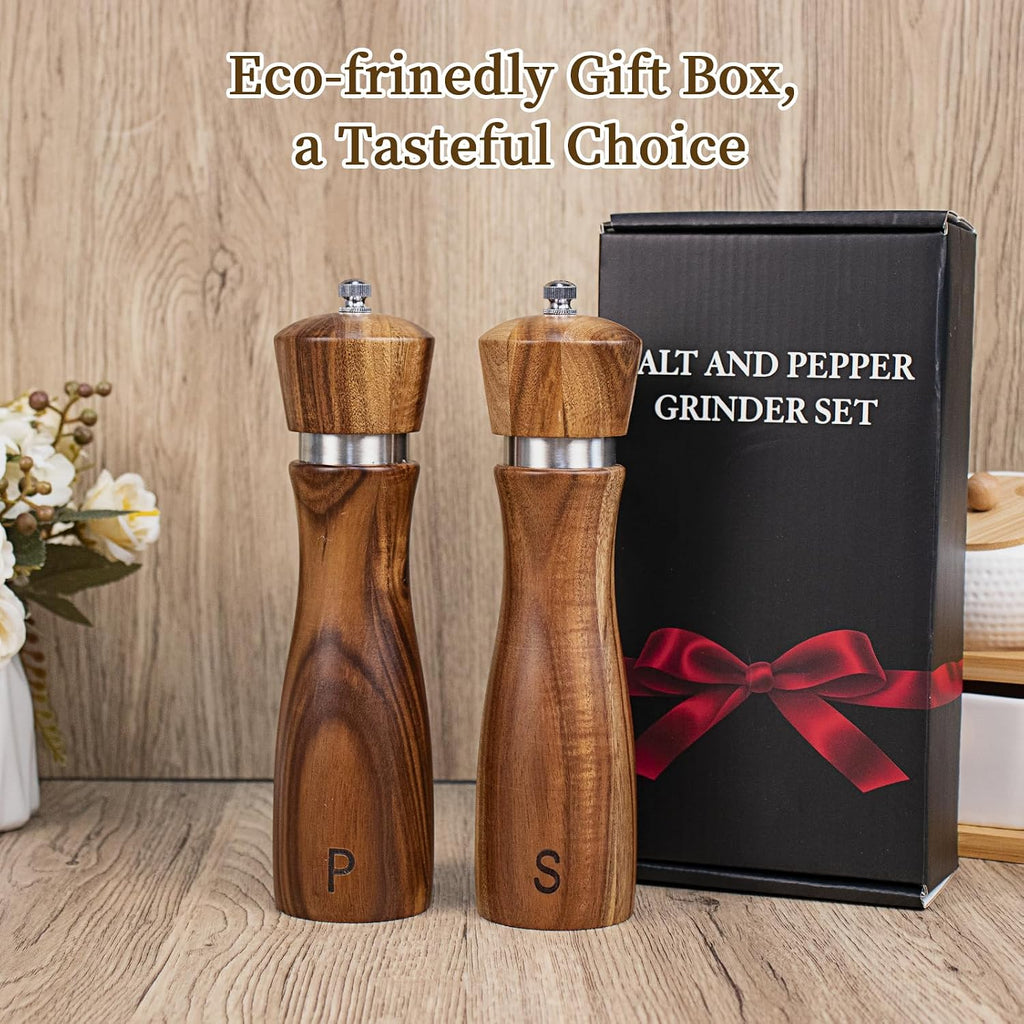 Acacia Wood Salt and Pepper Grinder Set Kitchen Home 8 Inch - Set of 2