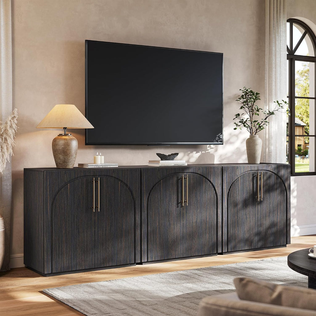 Sideboard Buffet Cabinet with Fluted Doors, 31.5'' W Credenza | Mid-Century Modern Storage Cabinet, Adjustable