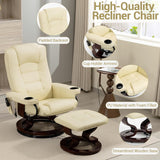 Modern Reclining Swivel Lounge Chair and Ottoman — Beige PU Leather