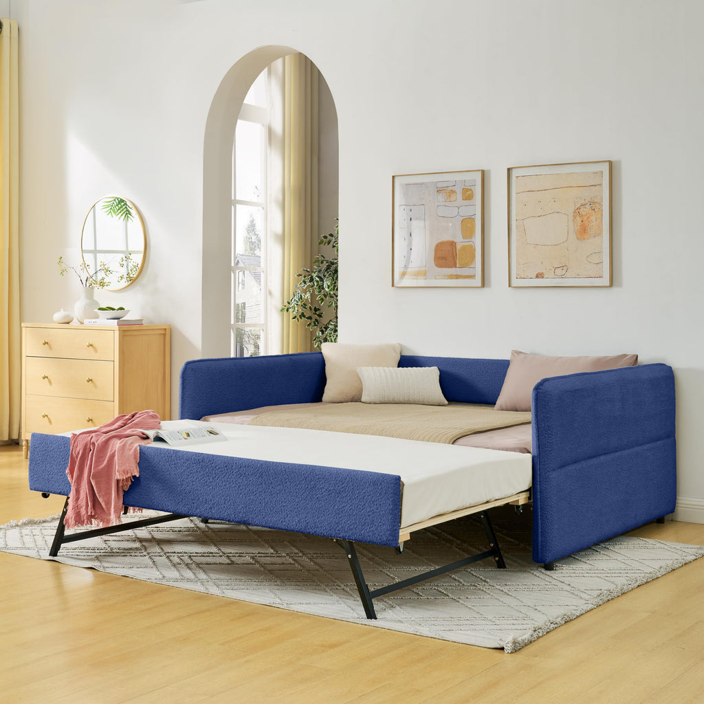 Full Size Upholstery Tufted Daybed with Erectable Trundle, Full to King Design Modern Extendable Boucle Sofa Bed