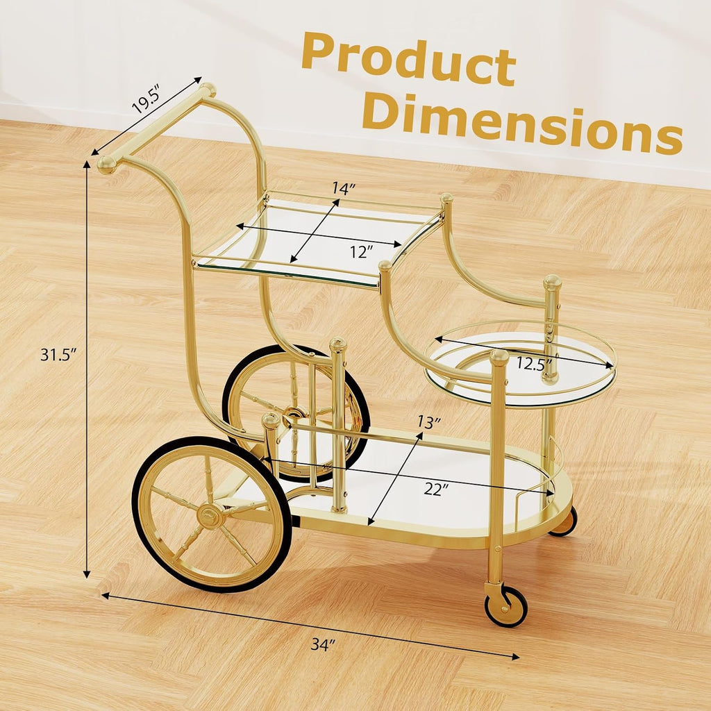 Rolling Bar Cart, Wine Tea Serving Cart with 3-Tier Shelf & 4 Wheels, Tempered Glass Bar and Serving Cart, Metal