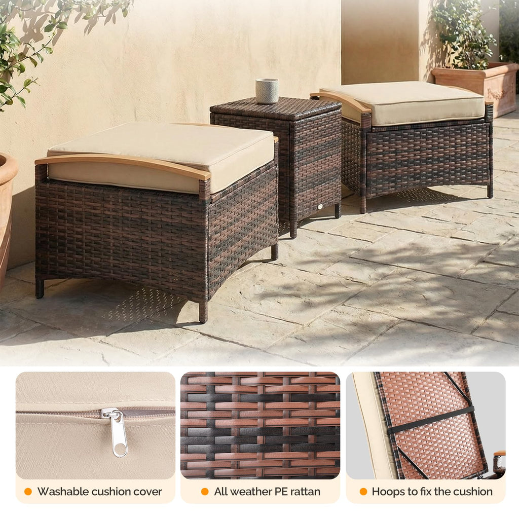 2 Pieces Rattan Ottoman with Storage, Wicker Patio Furniture w/Removable Cushion, Multipurpose Footrest Stool for