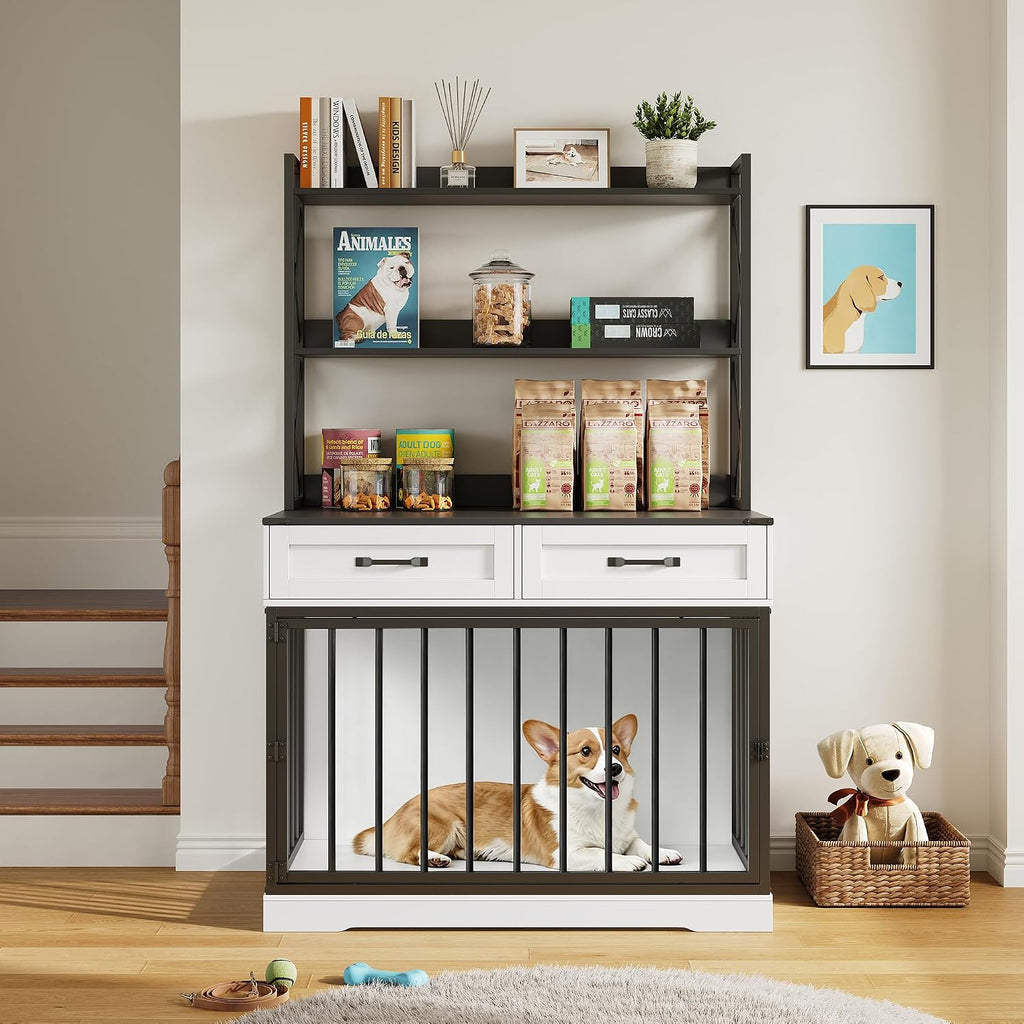 42"×65.4"Dog Crate Furniture, Pet Cage with Storage Drawers & Shelves, Wooden Dog House Indoor. Modern White&Black