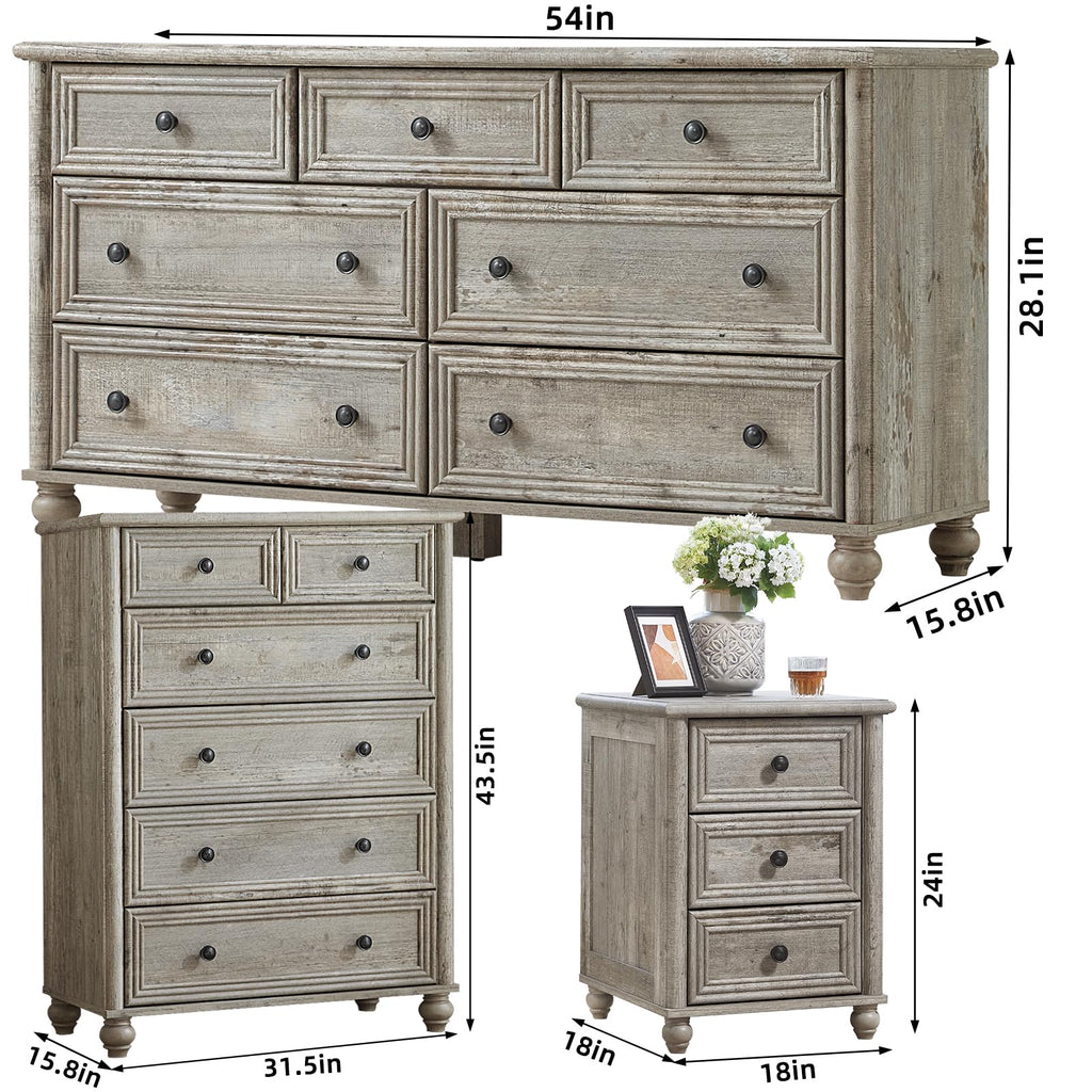 Farmhouse Dressers & Night Stand Set of 4, Wood 54" Wide Dresser & 43.5"Tall Chest of Drawers, 18" with Charging