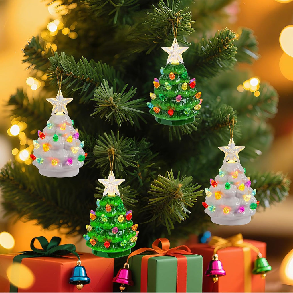 4.3 Inch Mini Ceramic Christmas Tree Set - 4 Pack Tabletop Christmas Tree with Multicolored LED Lights, Battery