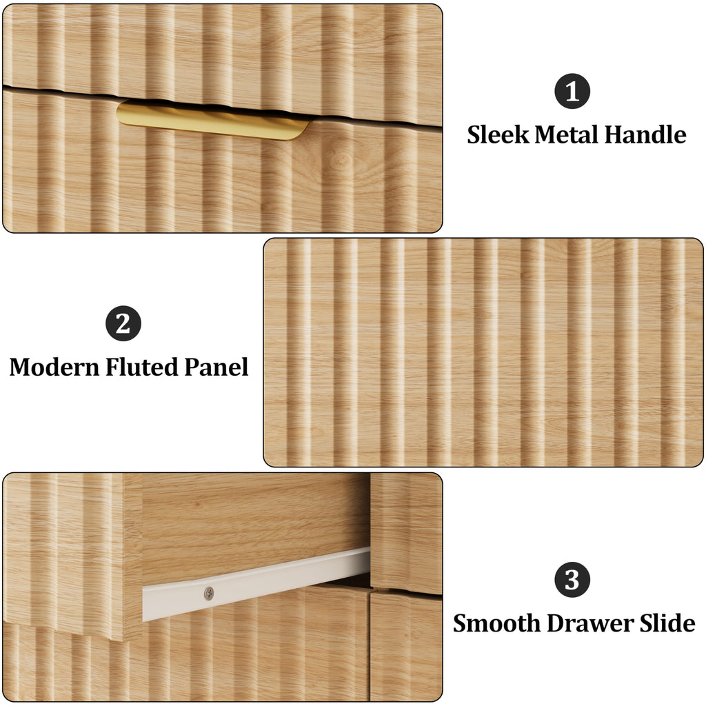 Fluted 3 Drawer Dresser, 30" Tall Modern Dressers, Natural Oak