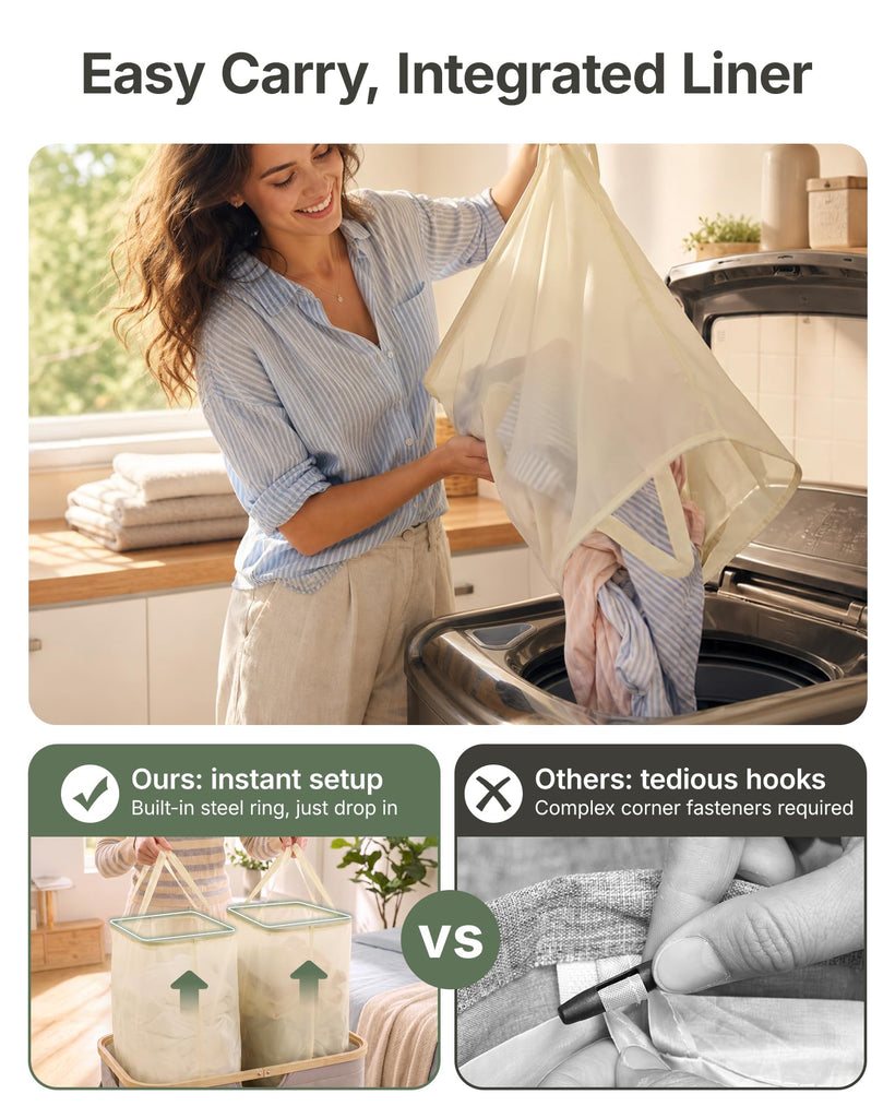 2 Section Laundry Hamper with Lid, 140L Quilted Puffer Basket