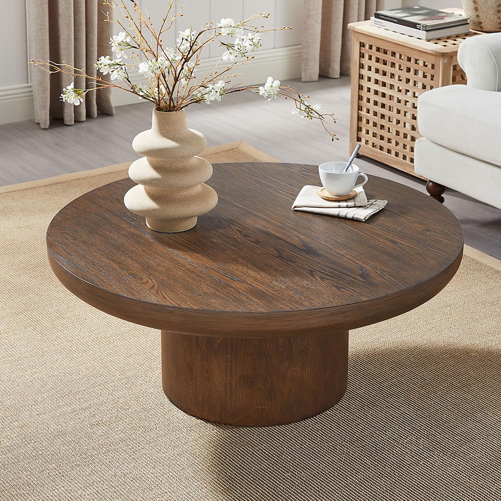 Round Wood Coffee Table Modern Circle Coffee Table Pedestal Center Table, Easy Assembly Brown