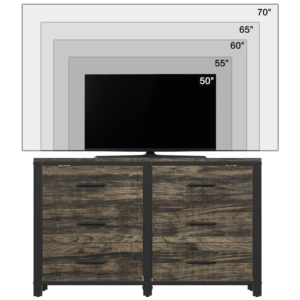Dark Rustic Dresser, Wide Wood Dressers Furniture with 6 Wooden Drawer and Metal Frame, TV Stand with Deep Drawer