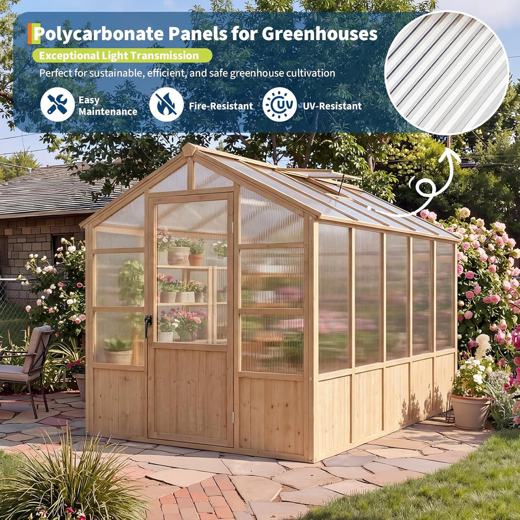 Large Wood Frame Greenhouse for Outdoor - Wooden Walk-in Greenhouse Kit with Polycarbonate Panels, Ventilated Window