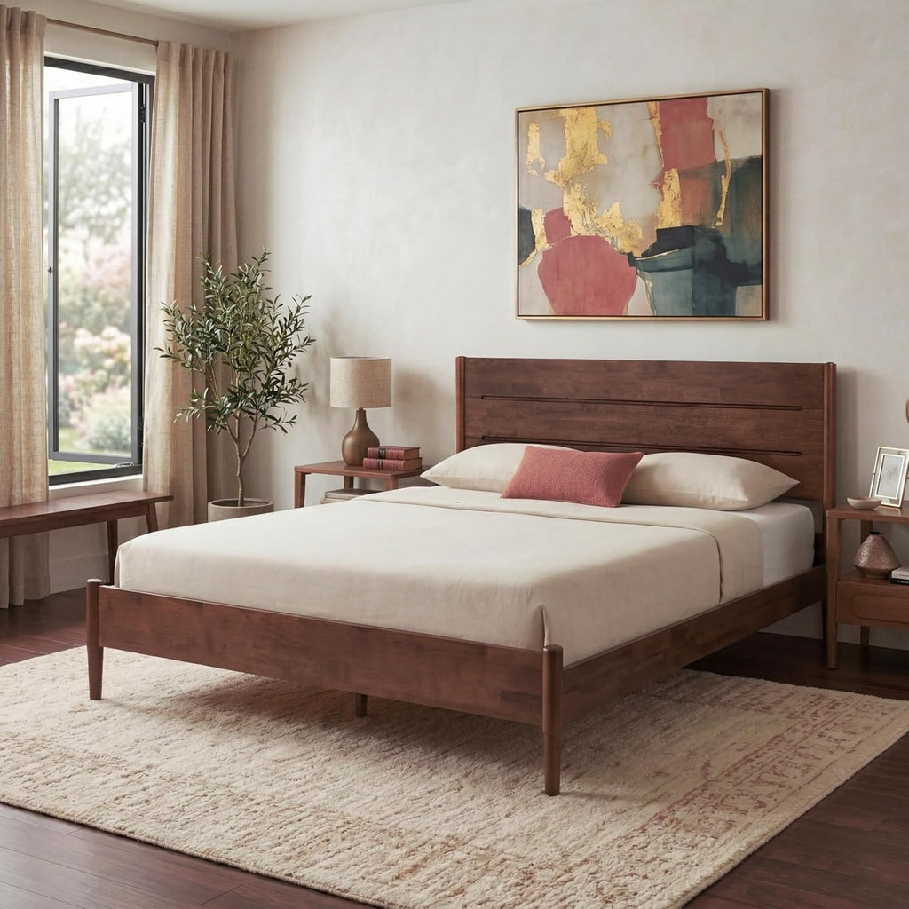 Apollo Solid Wood Platform Bed King, Headboard, Mahogany