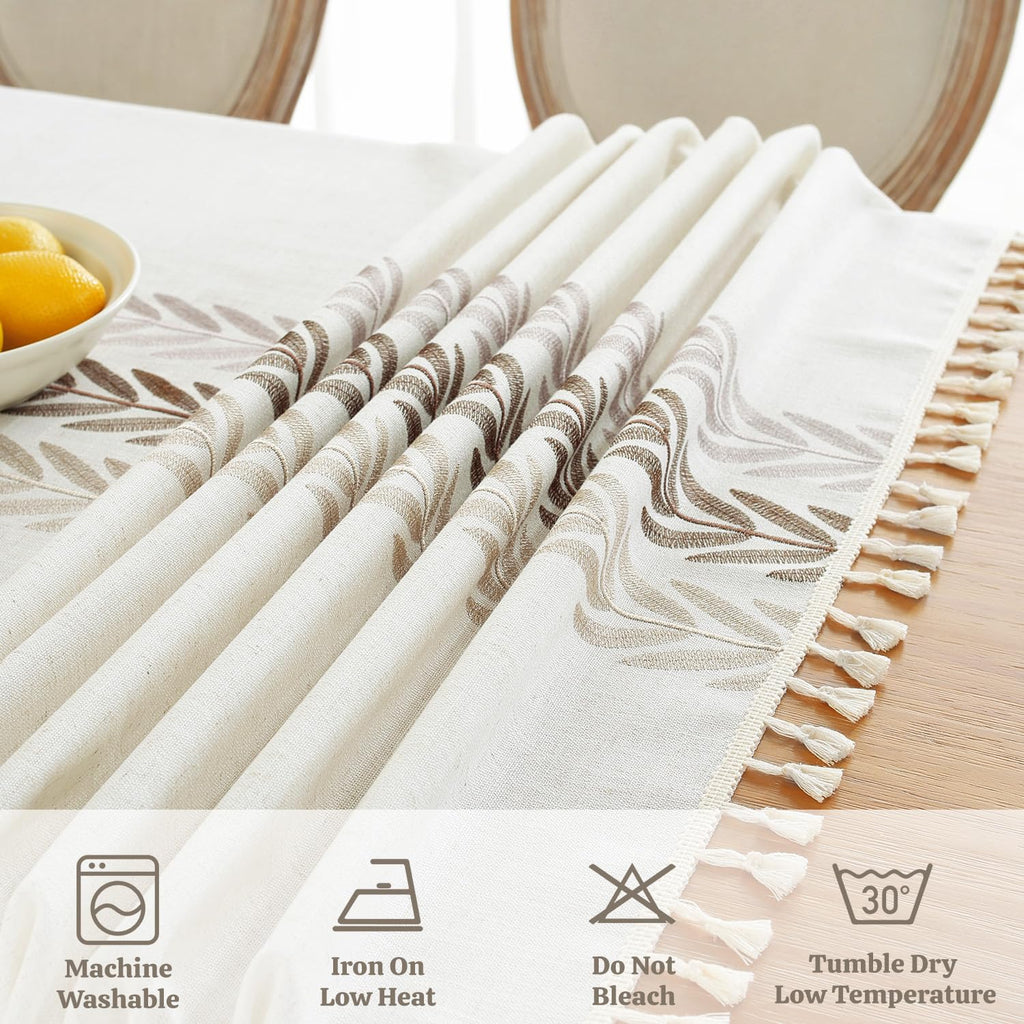 Heavy Duty Cotton Linen Waterproof Tablecloths Farmhouse Tablecloth, Soft and Wrinkle Free Table Cover with Tassels