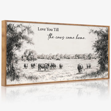 Large Framed Vintage Cow Sketch Farm Canvas Wall Art, Love U Till the Cows Come Home Quote Wall Decor for Farmhouse