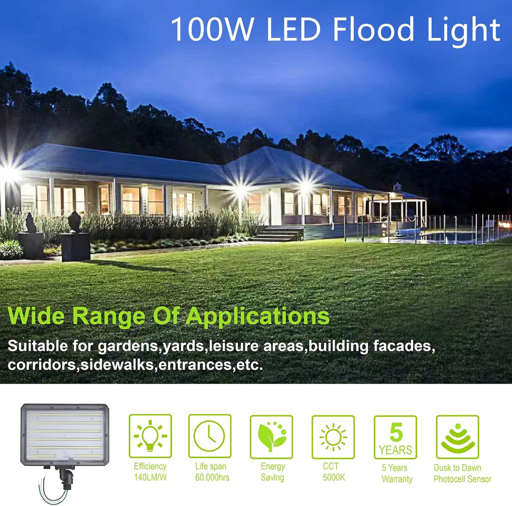 100W LED Flood Light Dusk to Dawn Knuckle floodlight 5000K 14000Lm ETL List | Outdoor Floodlight with Photocell