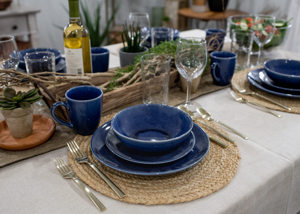 Reactive Glaze Stone Ceramic Plates Bowls Mugs Classic Dinnerware 16 Piece Set - Service for 4, Blue