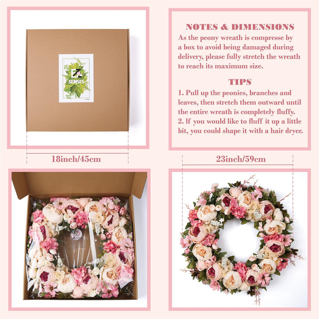 Peony Wreath 23'' Spring Wreaths for Front Door, Artificial Large Floral Wreath for Front Door Wall Decor