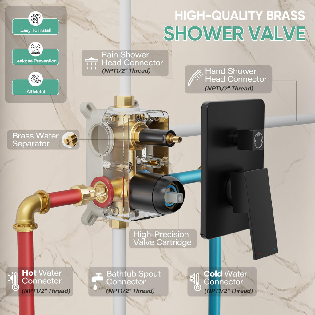 Black Tub Shower System with 10" Rain Head, Handheld & Valve Kit