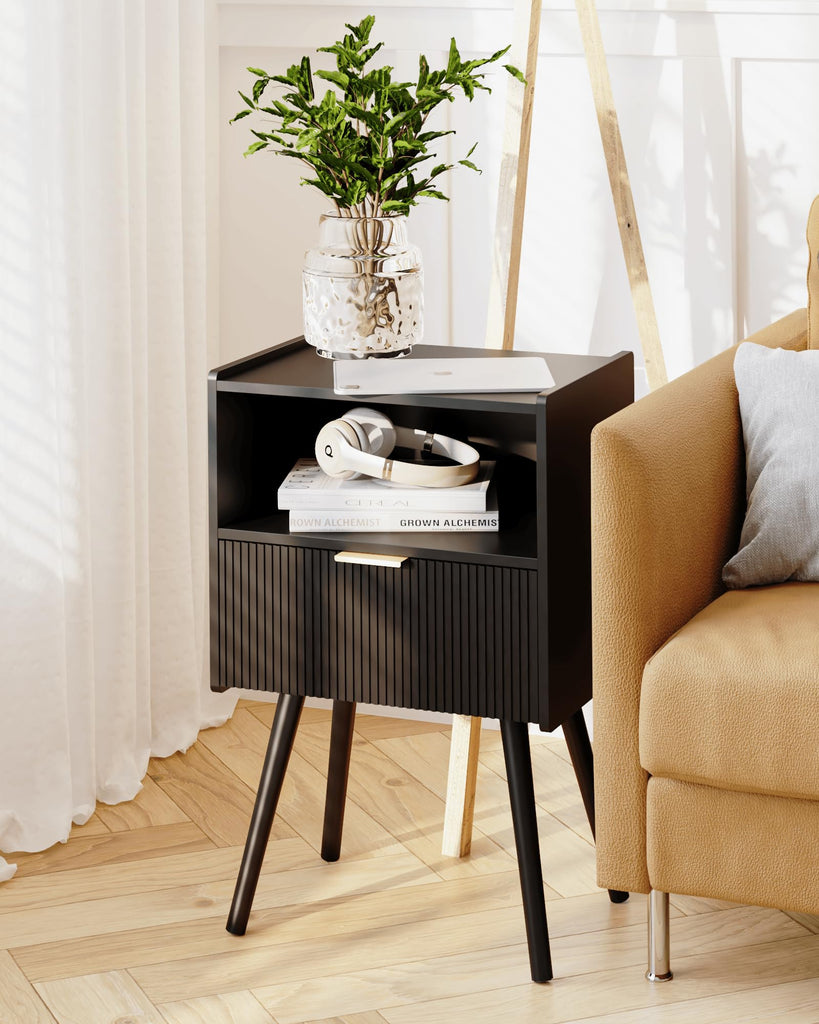 Black Nightstand, Modern Bedside Table with Storage Drawer and Open Wood Shelf, and Small Spaces, Accent Night Stand