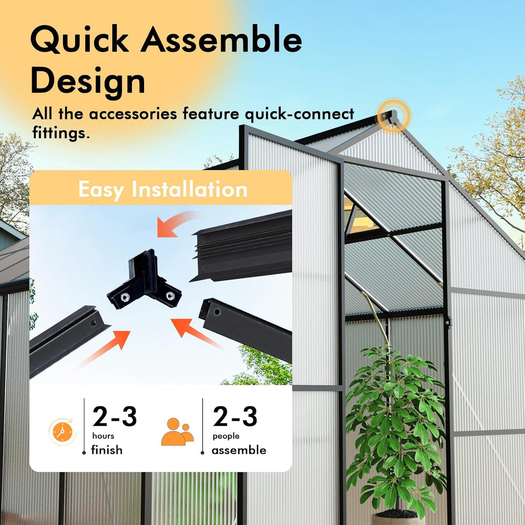 8X10FT Enhanced Aluminum Walk-in Greenhouse for Outdoors with Thermometer | Easy Assembly, UV-Resistant Panel, Rain