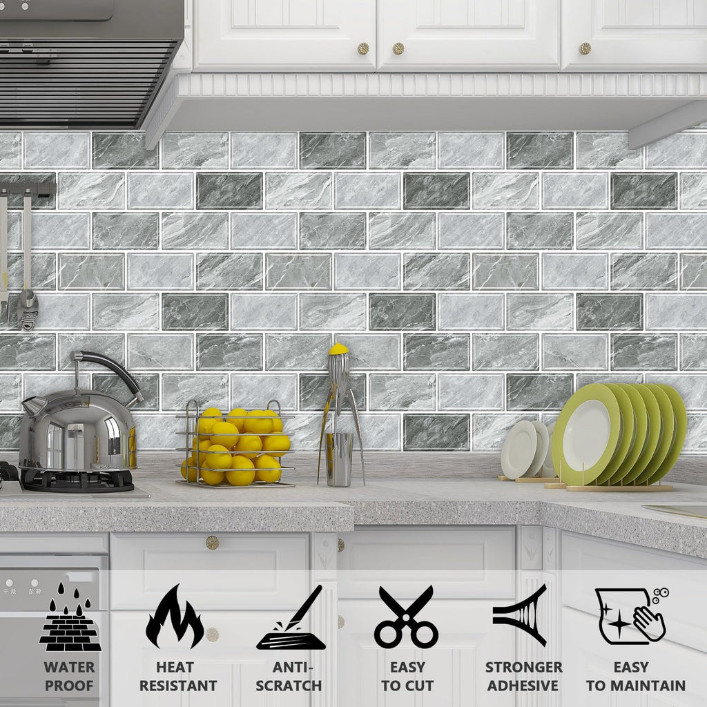 10-Sheet Stick on Backsplash ,12"x12" Peel and Stick Self Adhesive Wall Tiles Back Splashes Light Gray Marble Look