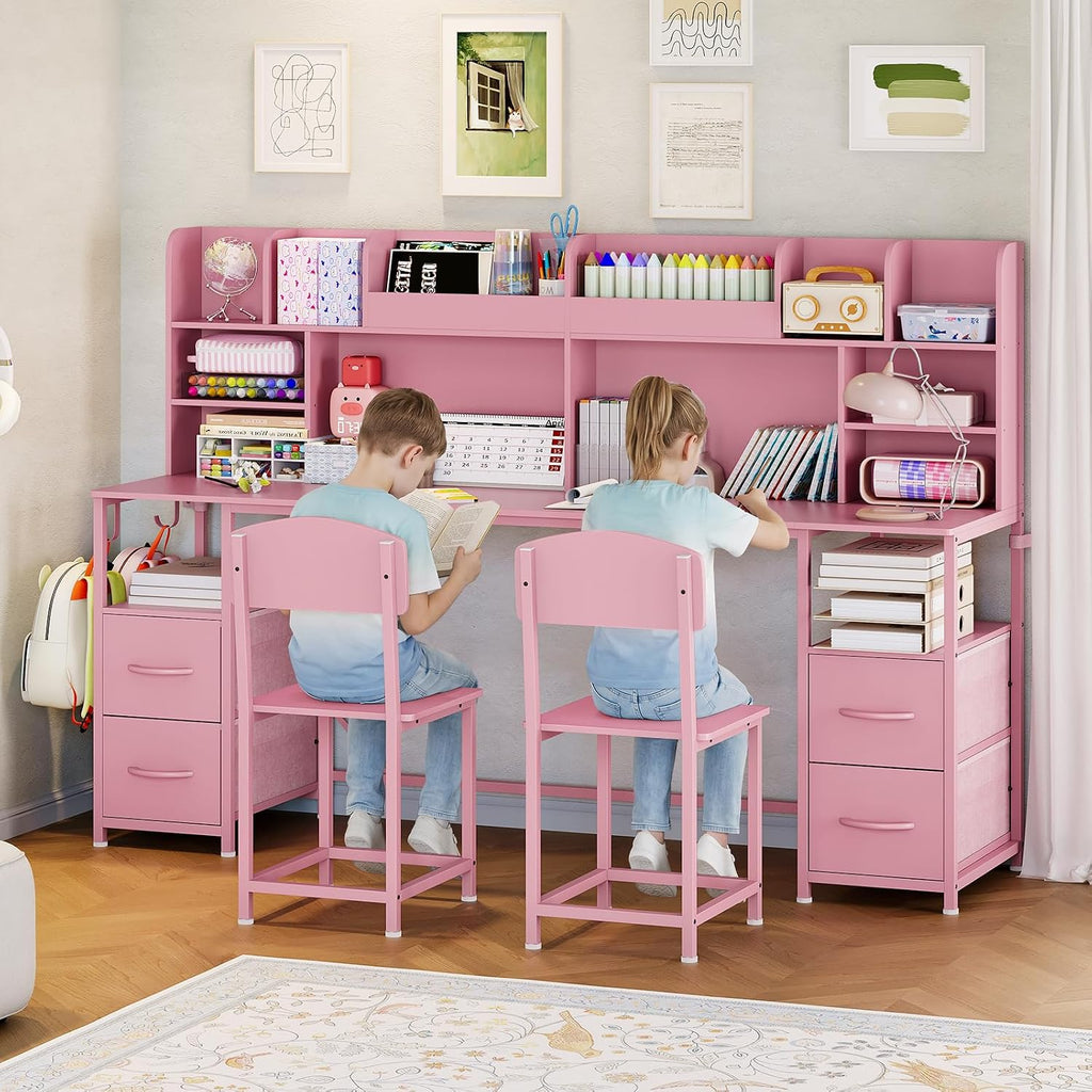 69" Double Kids Desk and Chair Set with Hutch & 4 Storage Drawers