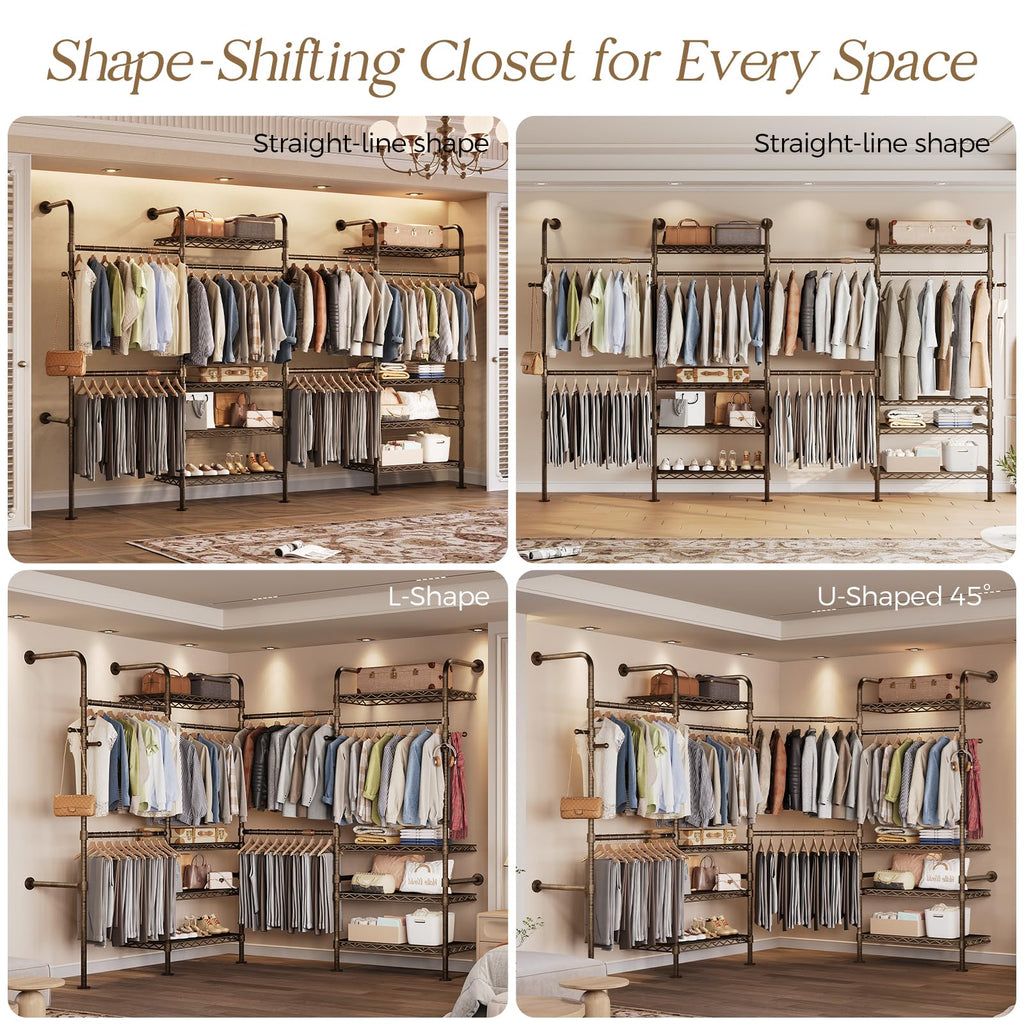 Wall Mounted Closet System, 4-Row Heavy Duty Garment Rack, Black and Gold