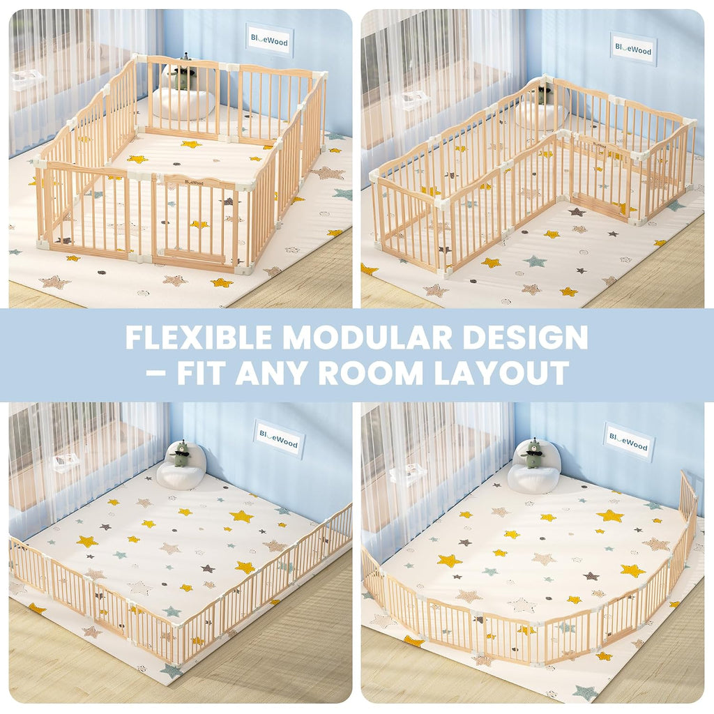 Foldable Wooden Playpen, Natural, 79 x 53 x 24 inches | Adjustable Wood Baby Play Yard with Door, Indoor Large Safety