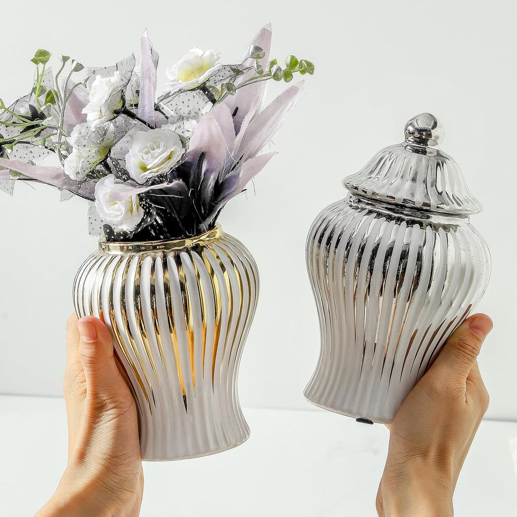 Ginger Jar, Small White Gold Vase for Decor Decor, Modern Handmade Decorative Flower Vase, Ceramic Ginger jar