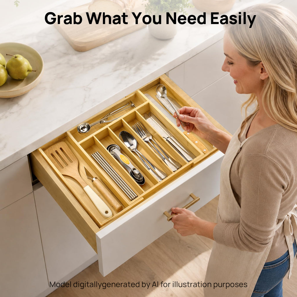Expandable Bamboo Drawer Organizer, Adjustable Tray