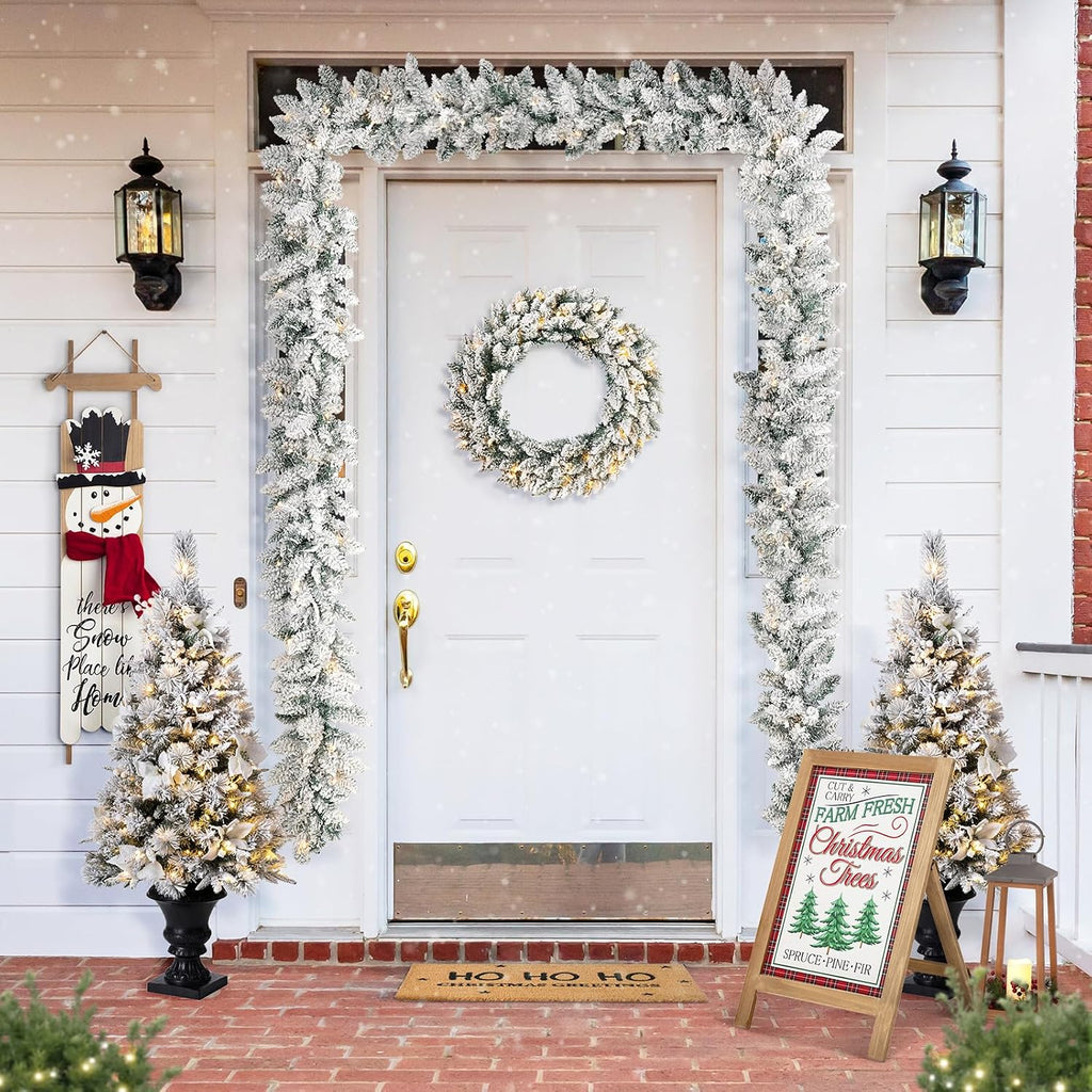 For Mantle, Pre-Lit Snow Flocked Christmas Garland with Warm White LED Lights and Timer for Fireplace, Dining Table