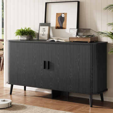 55" Fluted Sideboard Buffet Cabinet with Sliding Door, Mid-Century Modern Wood Sideboard, Adjustable Shelf, Coffee
