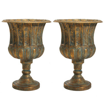 24.5" H. Metal Urn Planters 2-Pack - Bronze Classic Antique Iron Plant Pots - Large Decorative Rustic Flower Pots for