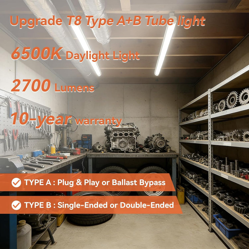T8 LED Tube Lights 4ft, 48 Inch Fluorescent Replacement Bulbs, 6500K Daylight White Light, Hybrid Type A+B
