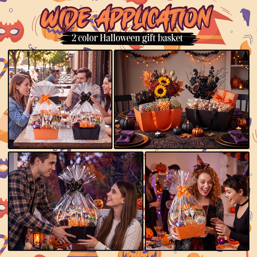 12 Pcs Halloween Paper Gift Basket Empty with Transparent Bag&Bow