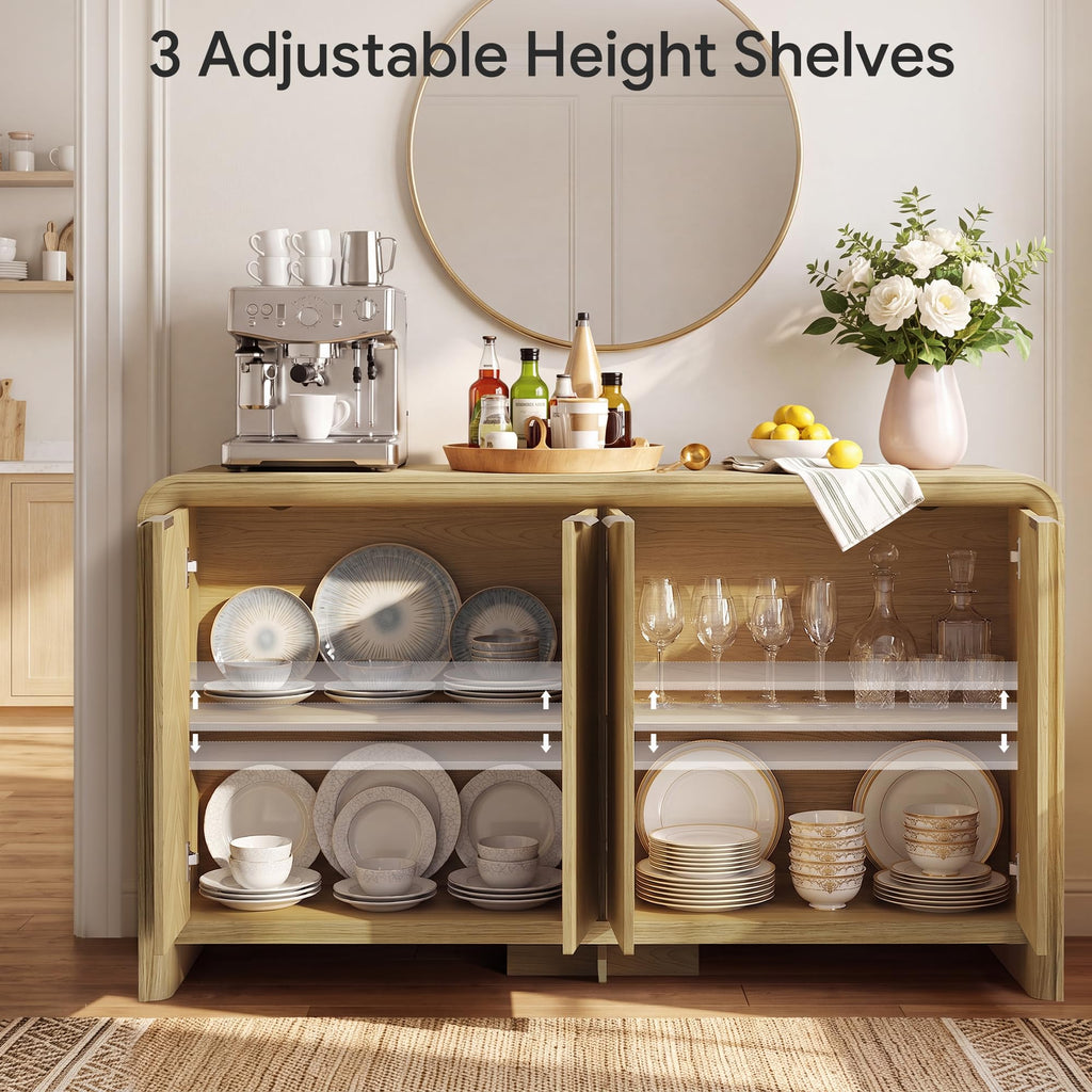 55" Buffet Cabinet with Storage, Herringbone Sideboard Cabinet, Oak