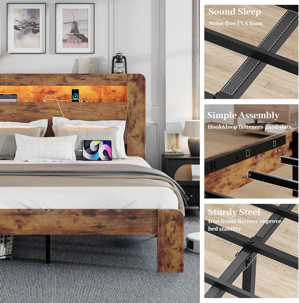Wooden Bed Frame with Storage Headboard, Farmhouse Platform Bedframe with Bookcase Shelf & Led Lights
