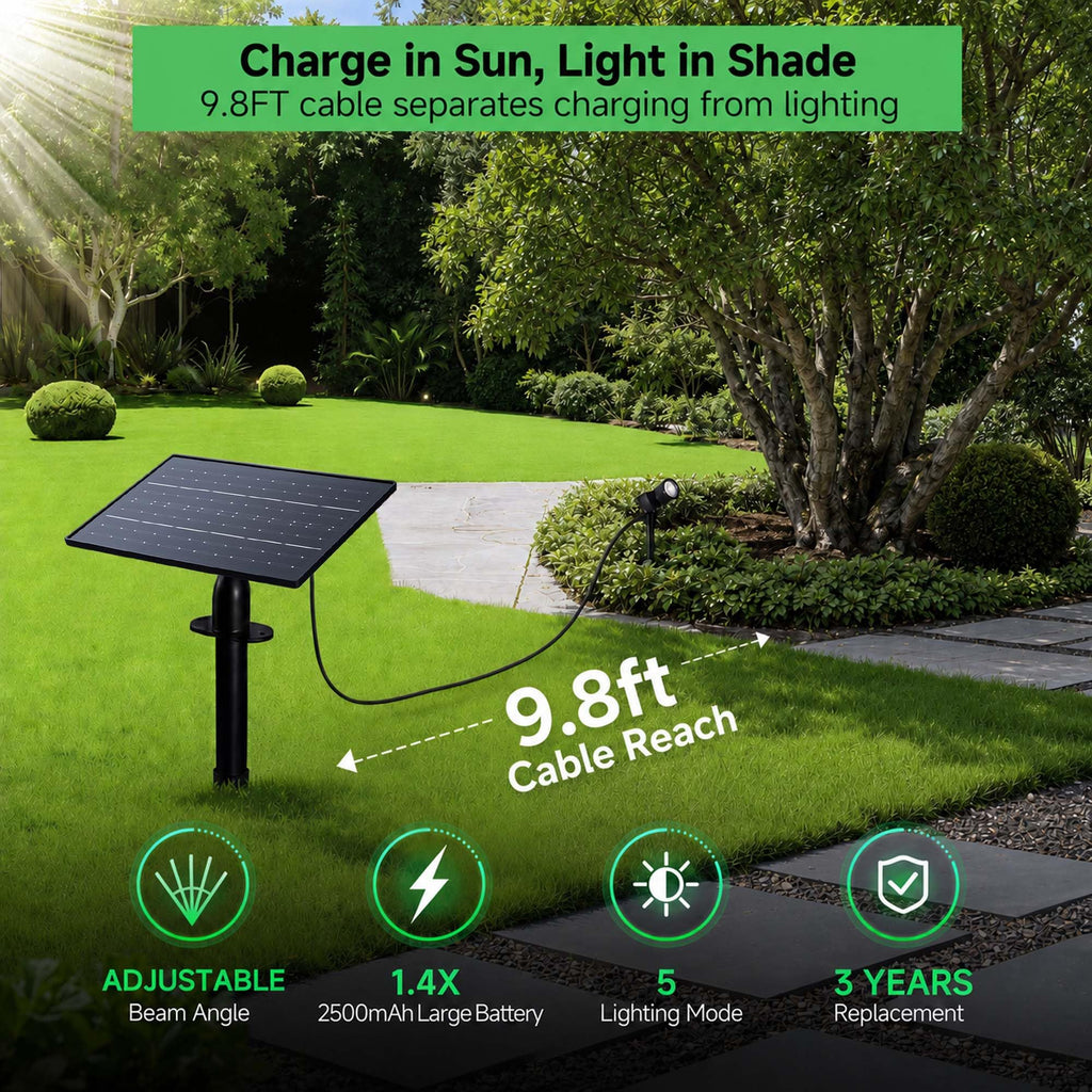 All Night Solar Spot Lights 2500mAh, Adjustable Angle Landscape Lights Waterproof, Separate Panel LED Uplight Dusk to