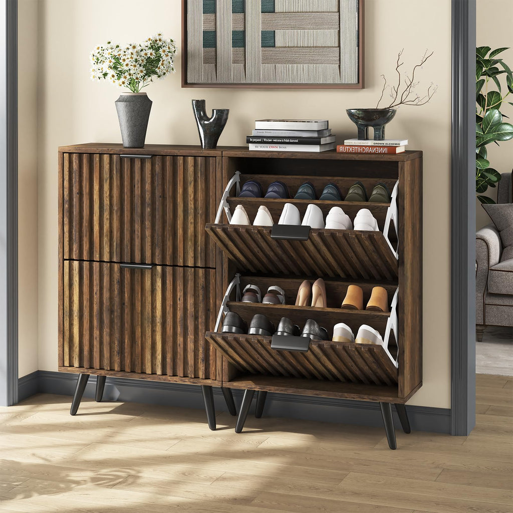 Slim Wood Shoe Cabinet with Flip Drawers, Modern Narrow Entryway Shoe Storage Organizer, Fluted 23.6" Shoe Cabinet