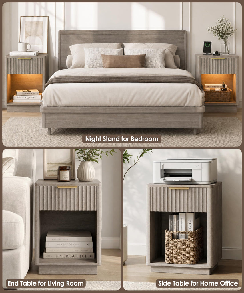 Fluted Nightstand Set 2 Bedside Table with Charging Station Greige