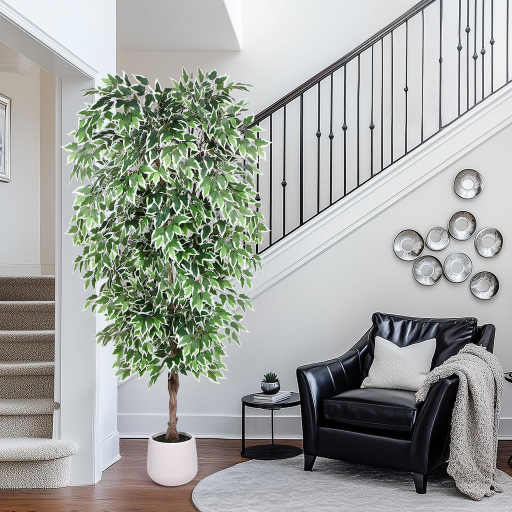 Artificial Ficus Tree-7FT Faux Tree with Natural Curved Trunks and White Pot, Lush Fake Silk Tree Artificial Plants