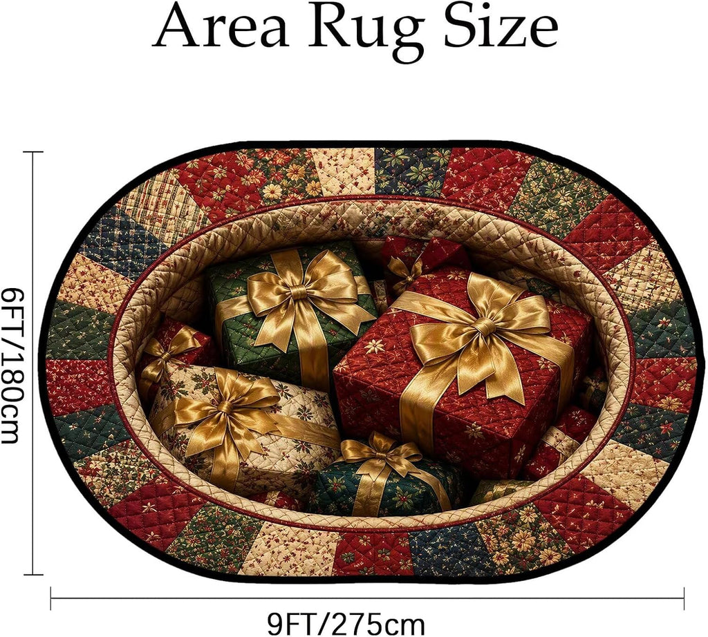 3D Gift Box Christmas Oval Rug Hole Optical Illusion Quilted Decor