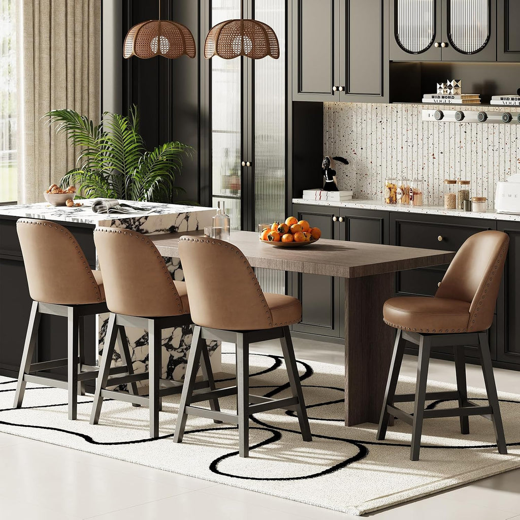 Swivel Bar Stools Set of 2, PU Leather Mid Century Mondern Barstools, 26 inch Counter Height Bar Chairs with Solid