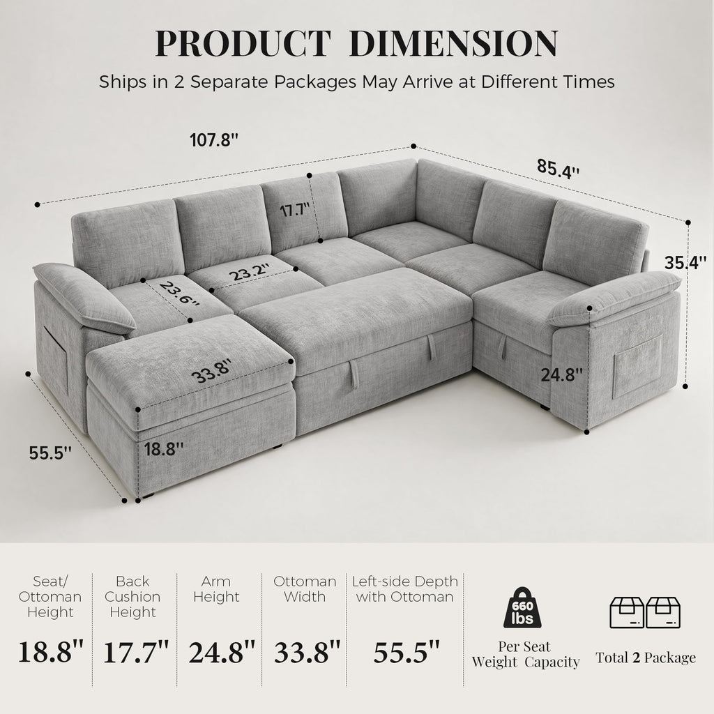 Sectional Sleeper Sofa with Pull Out Bed, Sectional Couch, Light Grey