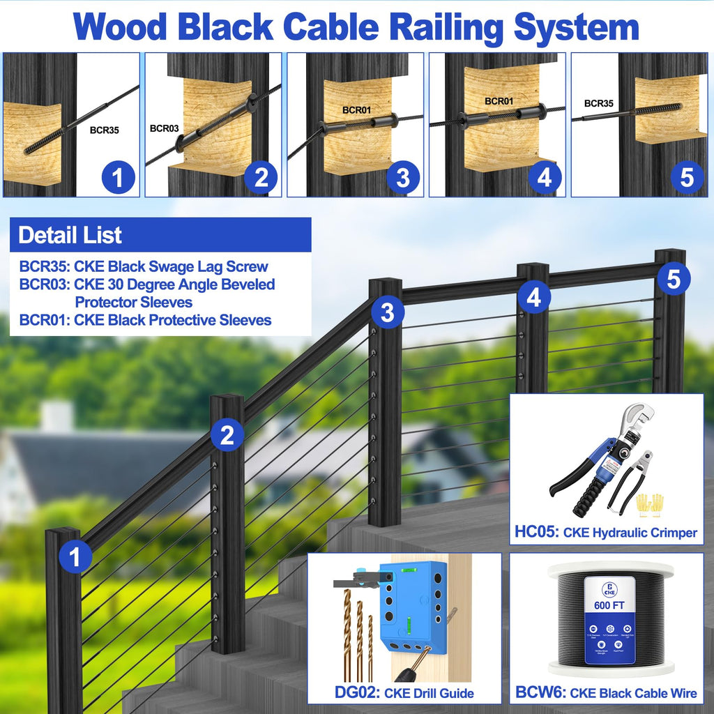 200 Pack 1/8" Black Cable Railing Kit, T316 Marine Grade Stainless Steel Right&Left Handed Thread Swage Lag Screws