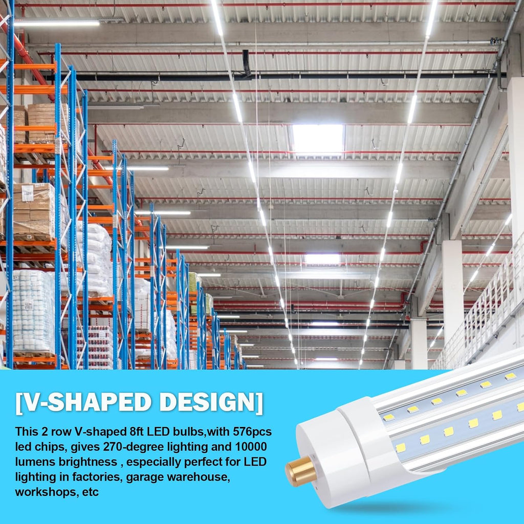 T8 V Shaped 8FT LED Tube Light,Need Bypass Ballast,90W Single Pin FA8 Base 6000K Cold White, 8 Foot (Replace 180W