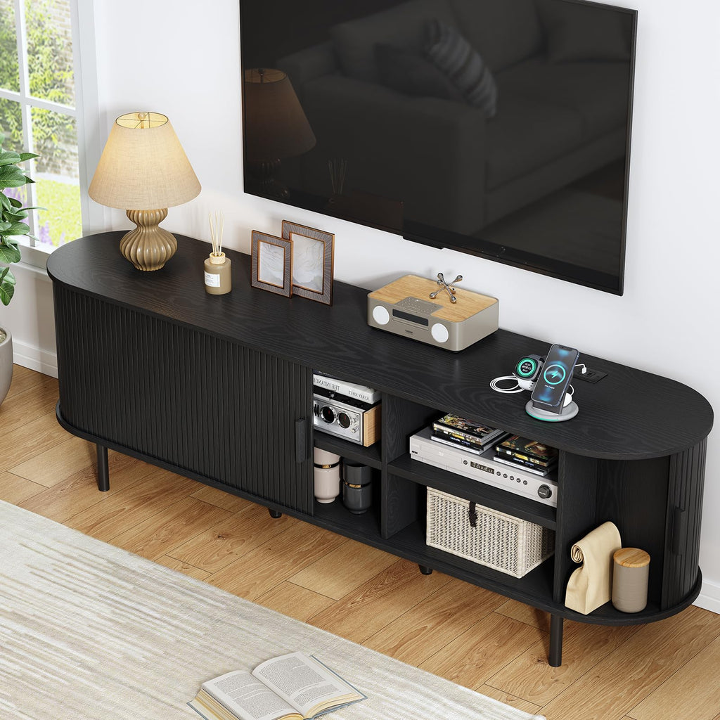 70.8" Mid Century Modern TV Stand with Sliding Doors for 65" TV