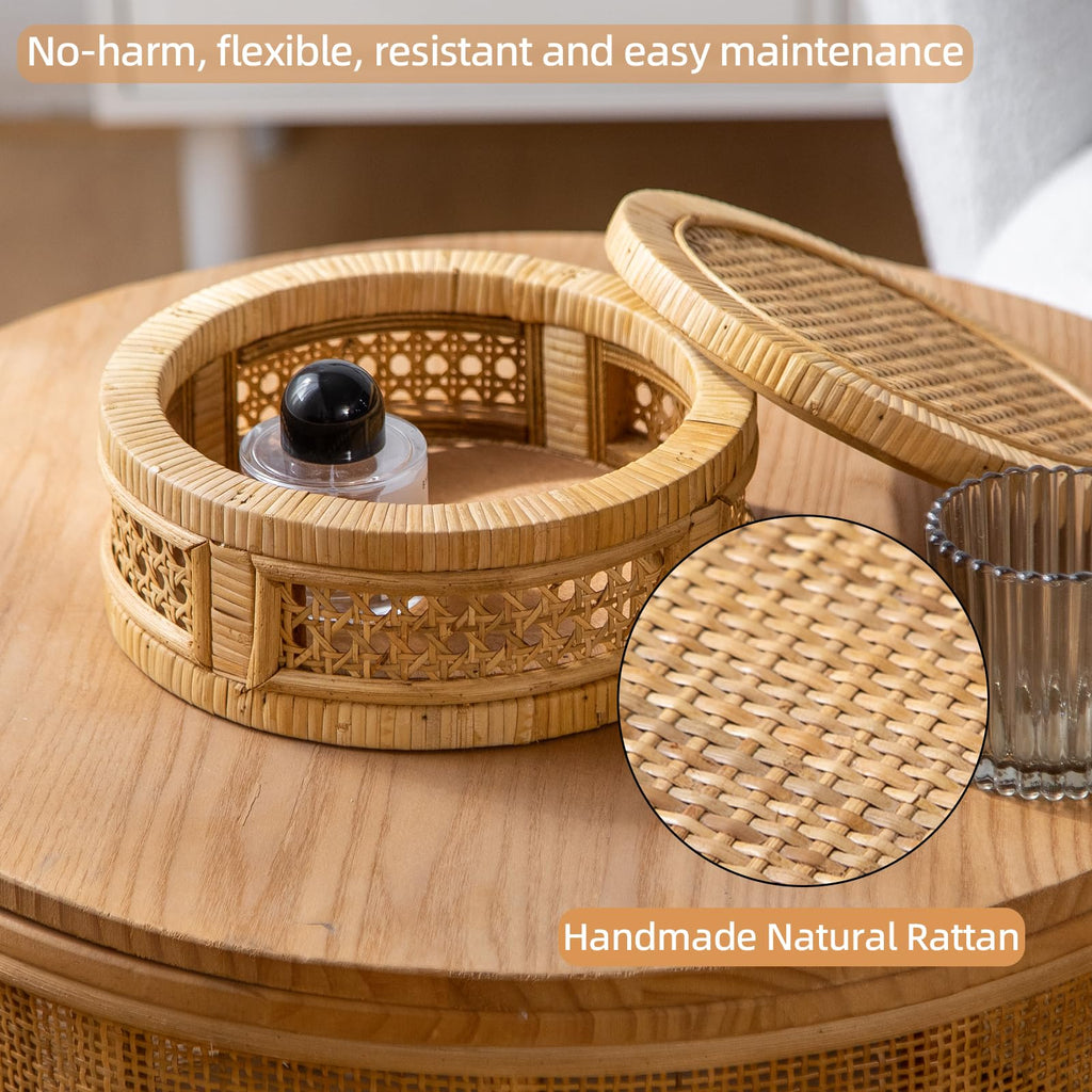 Rattan Decorative Box, Boho Decorative Boxes with Lids, Set of 2 Round Farmhouse Wicker Storage Box, Natural Woven