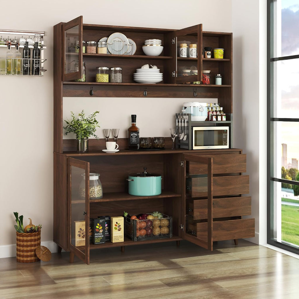 63" W Large Kitchen Hutch Cabinet, Freestanding Pantry Storage Cabinet with Hutch, 4 Doors 4 Drawers & Microwave