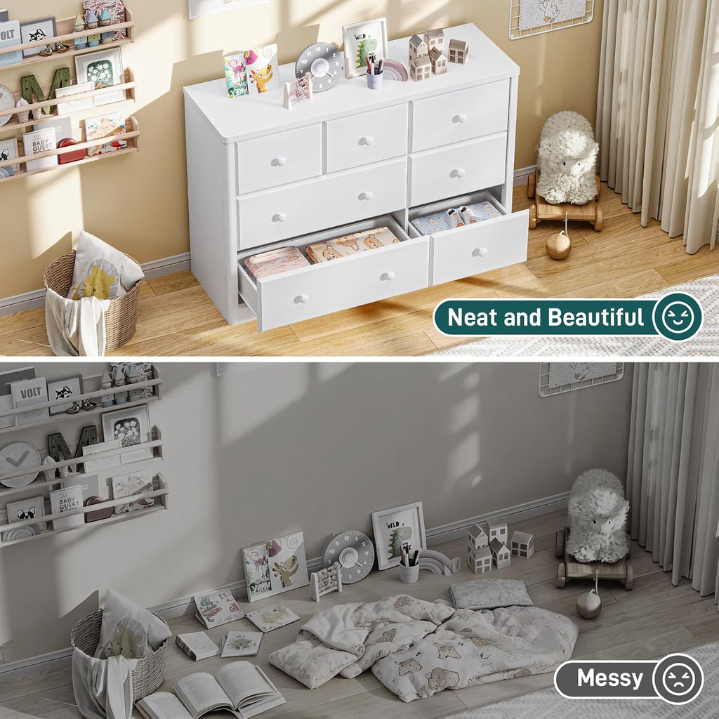 7 Drawers Dresser Cabinet, Kids & Nursery Storage Chest, Multi-Functional Wood Large Chest of Drawers, White Dresser